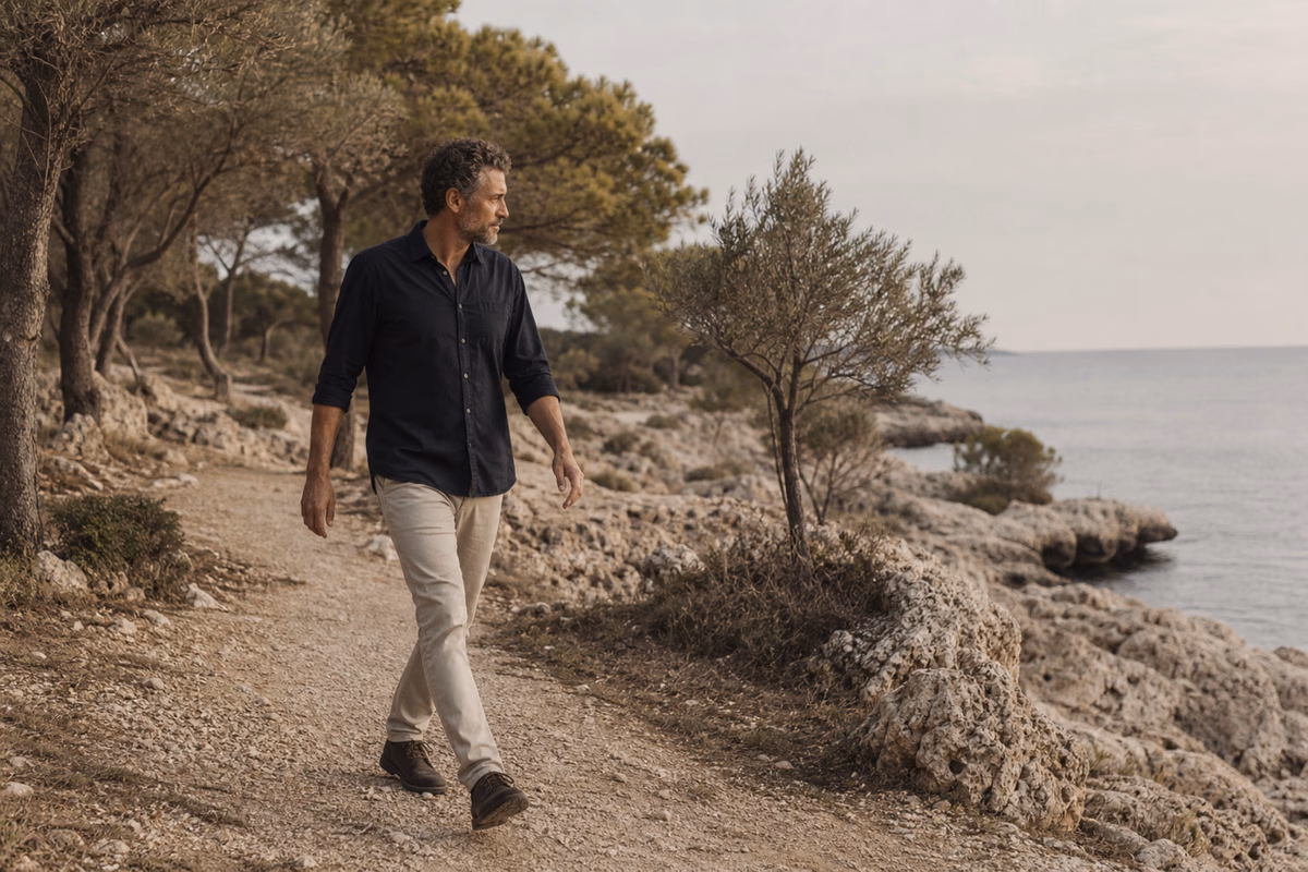 Un homme marche dans un paysage méditerranéen