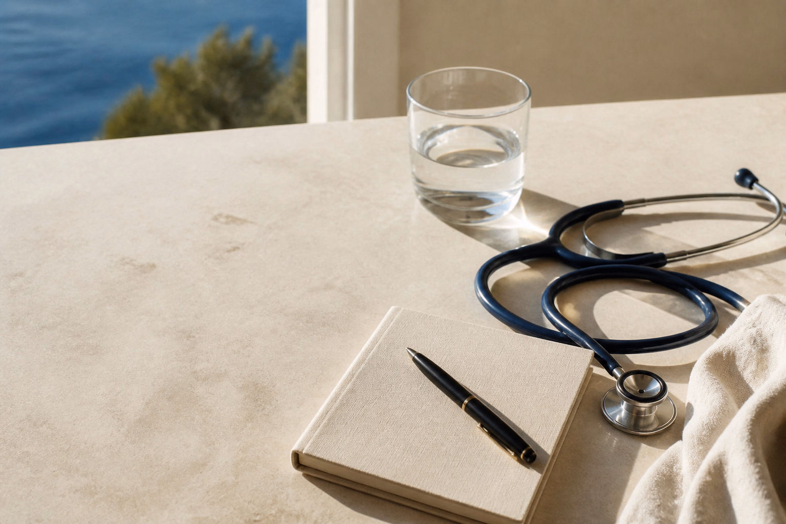 Carnet, stéthoscope et verre d’eau face à la Méditerranée